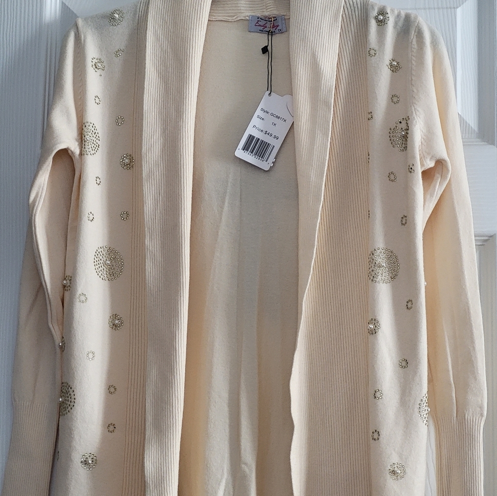 NEW Cream Cardigan by Emily Stacy with jewels & pearls, 1X, long sleeve